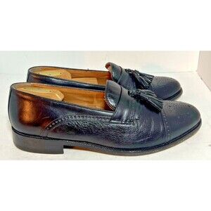 Vintage FLORSHEIM Shoes Mens 9.5 Black IMPERIAL WINGTIP TASSEL LOAFERS Italy